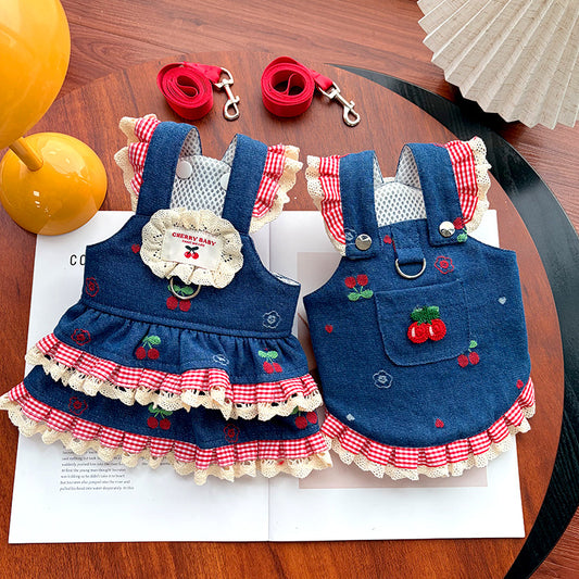 Cherry & Heart Denim Pet Harness Dresses with Leash