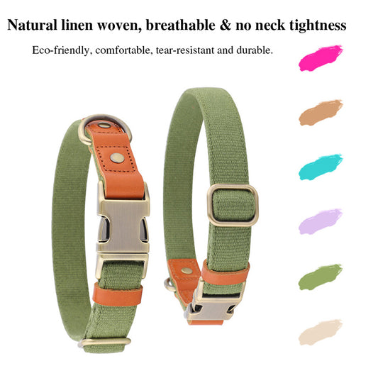 Breathable Natural Hemp Dog Collar, Luxury Leather Spliced Soft Non-Chafing Durable Pet Accessory