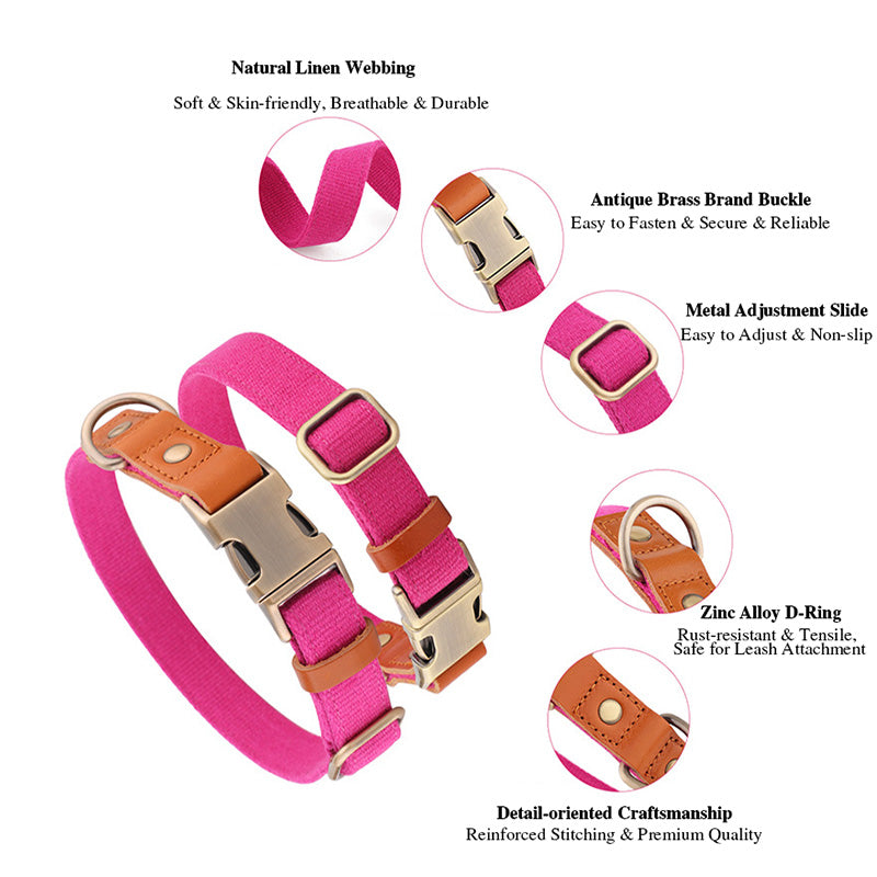 Breathable Natural Hemp Dog Collar, Luxury Leather Spliced Soft Non-Chafing Durable Pet Accessory