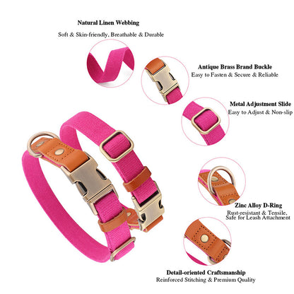 Breathable Natural Hemp Dog Collar, Luxury Leather Spliced Soft Non-Chafing Durable Pet Accessory