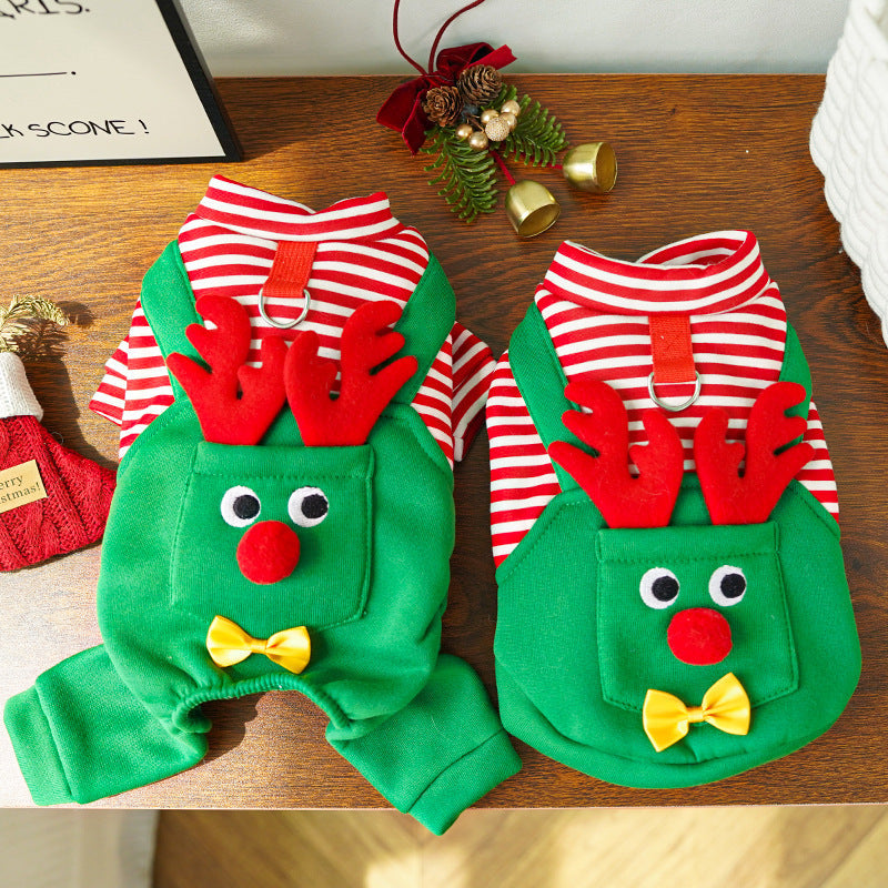 Festive Christmas Reindeer Puppy Pet Vest - Striped Fleece Dog Jacket with Leash D-Ring