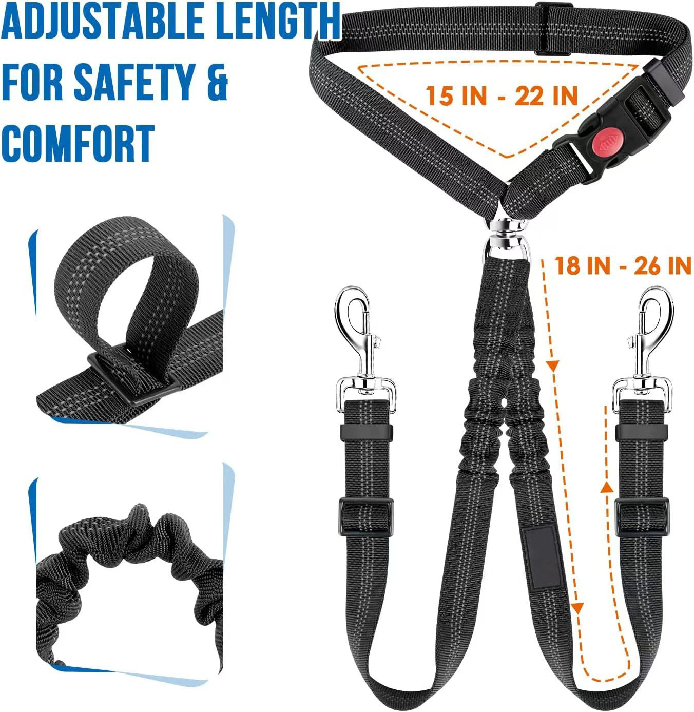 Dual Dog Car Seat Belt with Elastic Bungee - No Tangle 2-in-1 Pet Restraint Harness for 2 Dogs