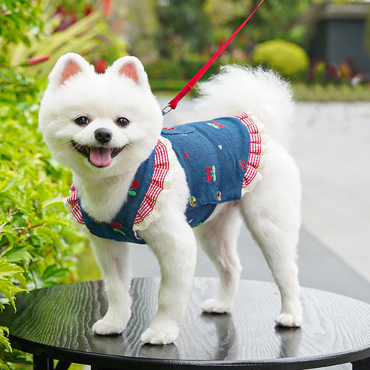 Cherry & Heart Denim Pet Harness Dresses with Leash