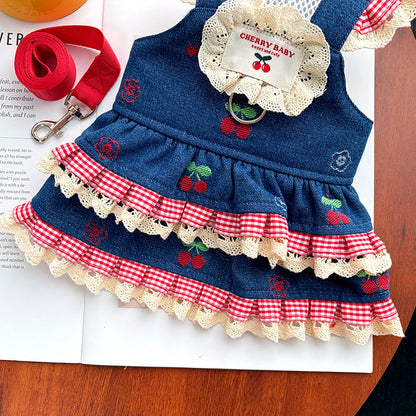 Cherry & Heart Denim Pet Harness Dresses with Leash