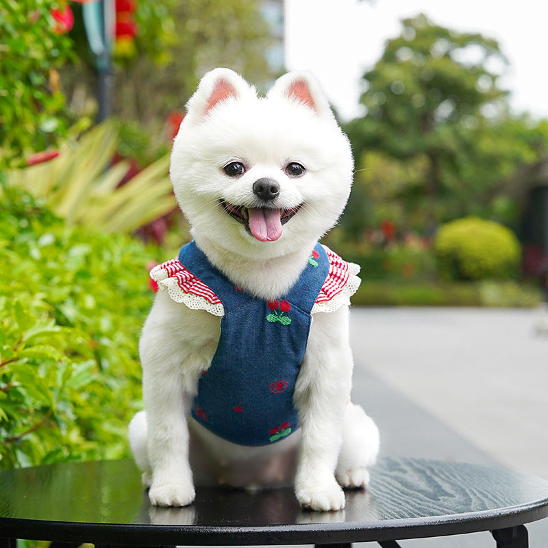 Cherry & Heart Denim Pet Harness Dresses with Leash