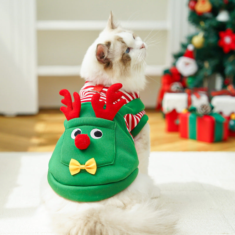 Festive Christmas Reindeer Puppy Pet Vest - Striped Fleece Dog Jacket with Leash D-Ring