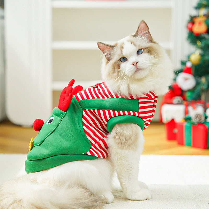 Festive Christmas Reindeer Puppy Pet Vest - Striped Fleece Dog Jacket with Leash D-Ring