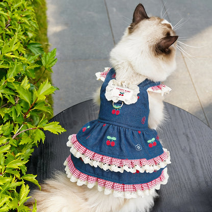 Cherry & Heart Denim Pet Harness Dresses with Leash