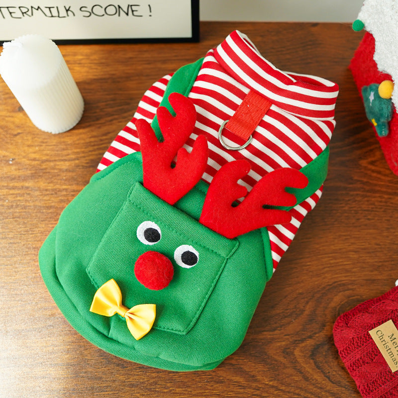 Festive Christmas Reindeer Puppy Pet Vest - Striped Fleece Dog Jacket with Leash D-Ring