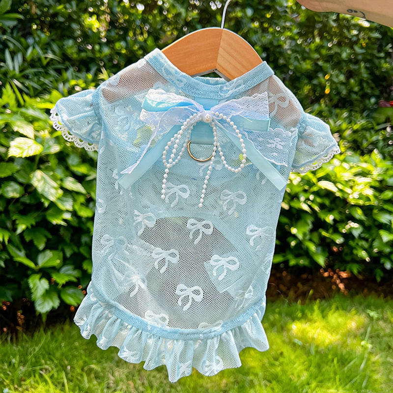 Pet Lace Mesh Dress with Bow & D-Ring