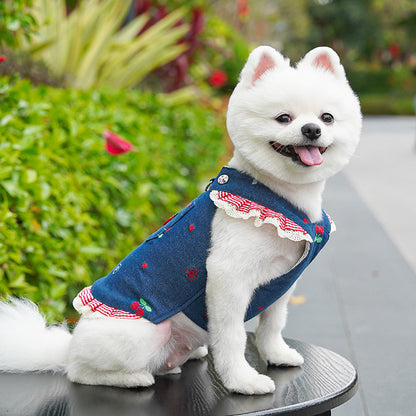 Cherry & Heart Denim Pet Harness Dresses with Leash