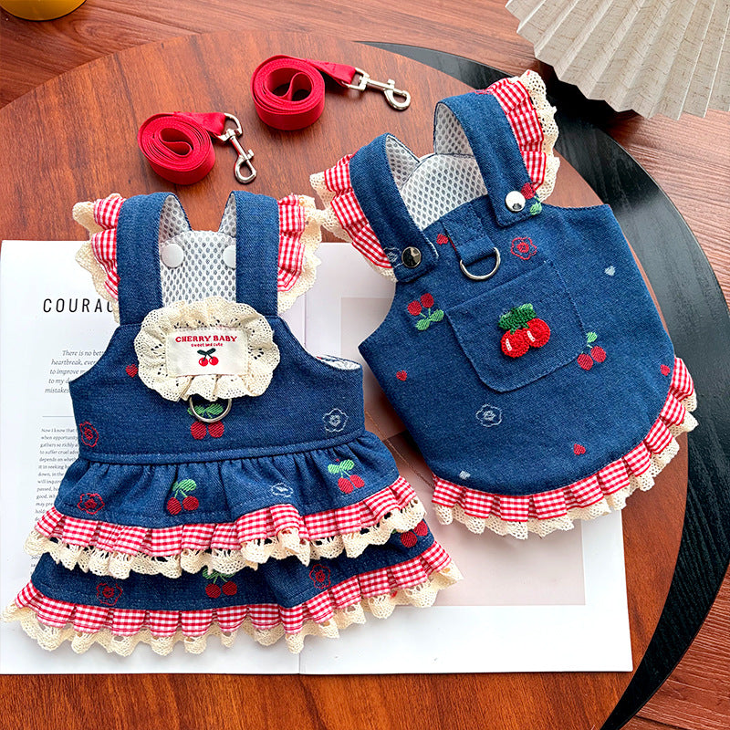 Cherry & Heart Denim Pet Harness Dresses with Leash
