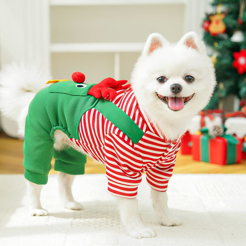 Festive Christmas Reindeer Puppy Pet Vest - Striped Fleece Dog Jacket with Leash D-Ring