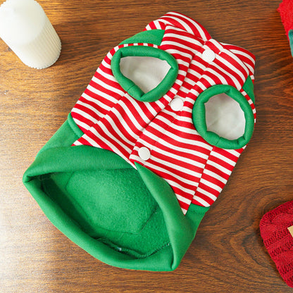 Festive Christmas Reindeer Puppy Pet Vest - Striped Fleece Dog Jacket with Leash D-Ring
