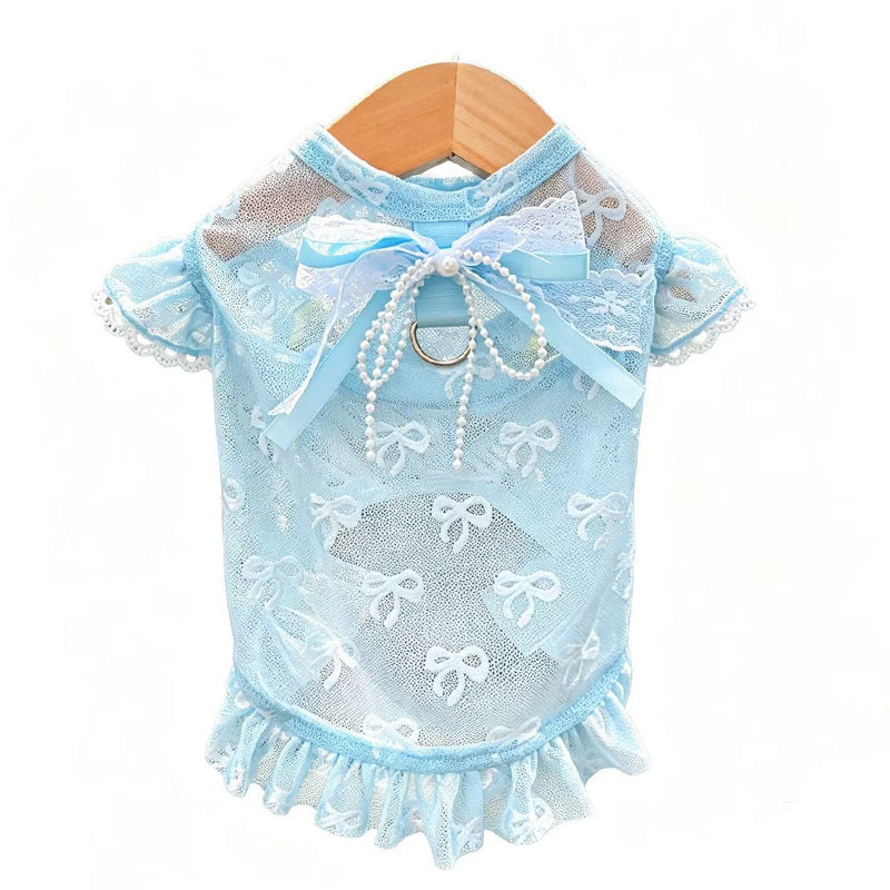 Pet Lace Mesh Dress with Bow & D-Ring