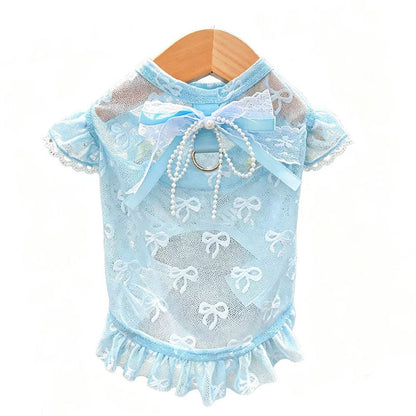 Pet Lace Mesh Dress with Bow & D-Ring