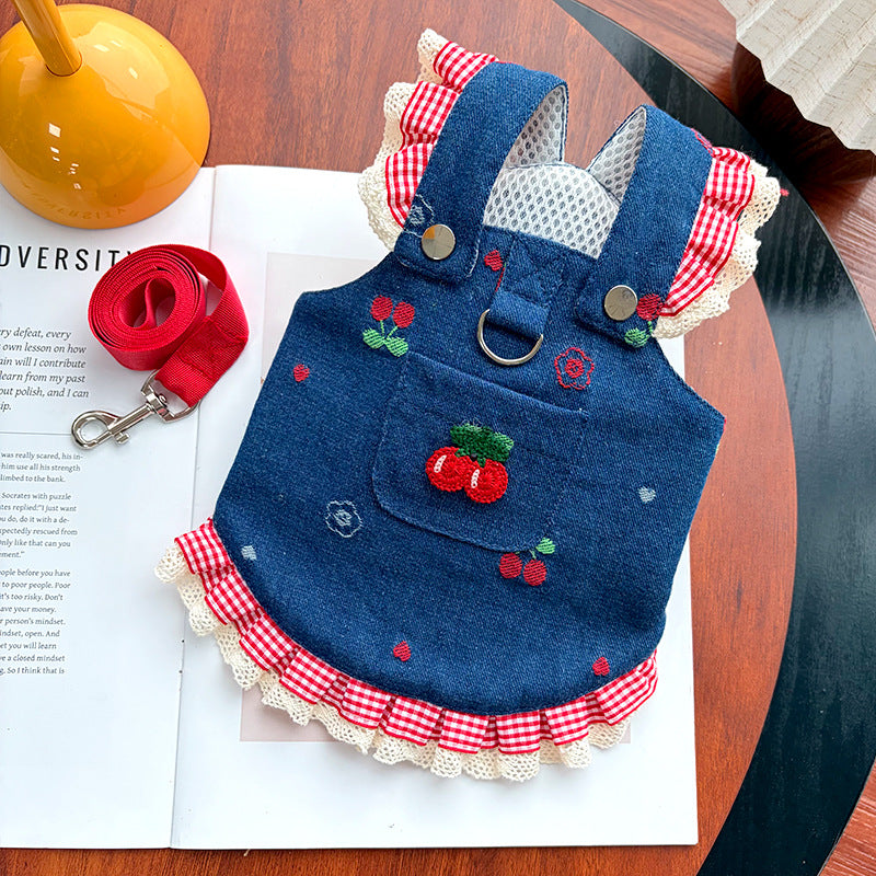 Cherry & Heart Denim Pet Harness Dresses with Leash