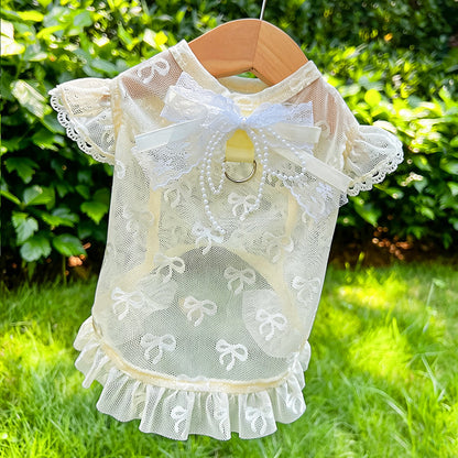 Pet Lace Mesh Dress with Bow & D-Ring