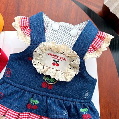 Cherry & Heart Denim Pet Harness Dresses with Leash