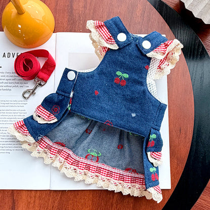 Cherry & Heart Denim Pet Harness Dresses with Leash