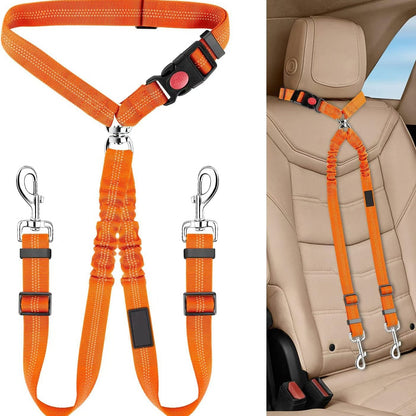Dual Dog Car Seat Belt with Elastic Bungee - No Tangle 2-in-1 Pet Restraint Harness for 2 Dogs