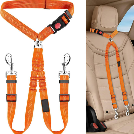 Dual Dog Car Seat Belt with Elastic Bungee - No Tangle 2-in-1 Pet Restraint Harness for 2 Dogs