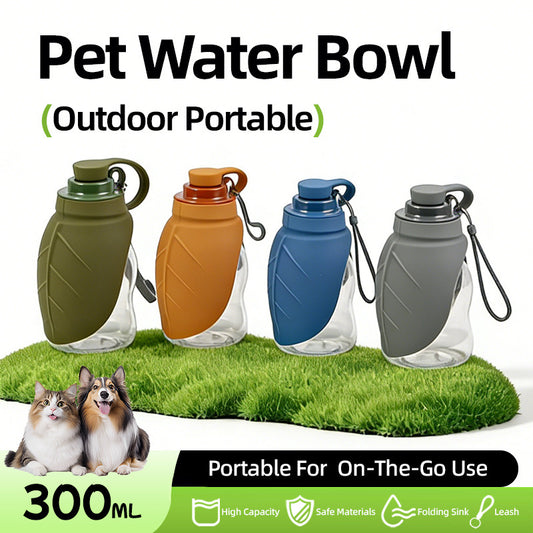 Portable Pet Water Dispenser with Foldable Cup Bowl - 300ml Leakproof Travel Bottle for Dogs & Cats