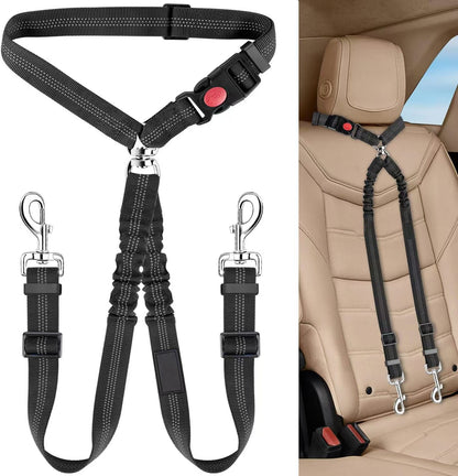 Dual Dog Car Seat Belt with Elastic Bungee - No Tangle 2-in-1 Pet Restraint Harness for 2 Dogs