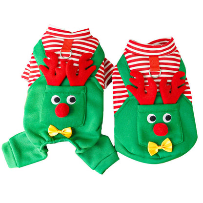 Festive Christmas Reindeer Puppy Pet Vest - Striped Fleece Dog Jacket with Leash D-Ring