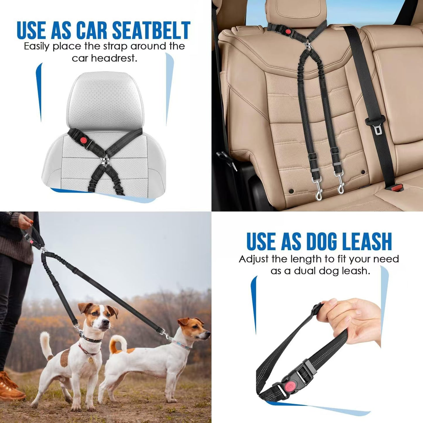 Dual Dog Car Seat Belt with Elastic Bungee - No Tangle 2-in-1 Pet Restraint Harness for 2 Dogs