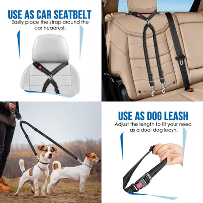 Dual Dog Car Seat Belt with Elastic Bungee - No Tangle 2-in-1 Pet Restraint Harness for 2 Dogs