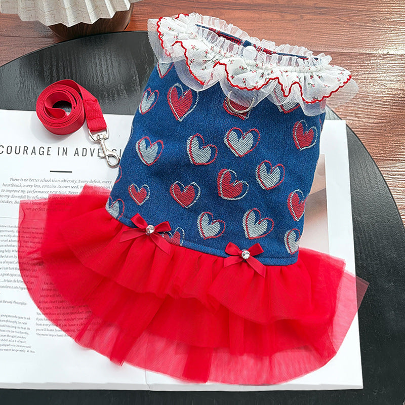 Cherry & Heart Denim Pet Harness Dresses with Leash