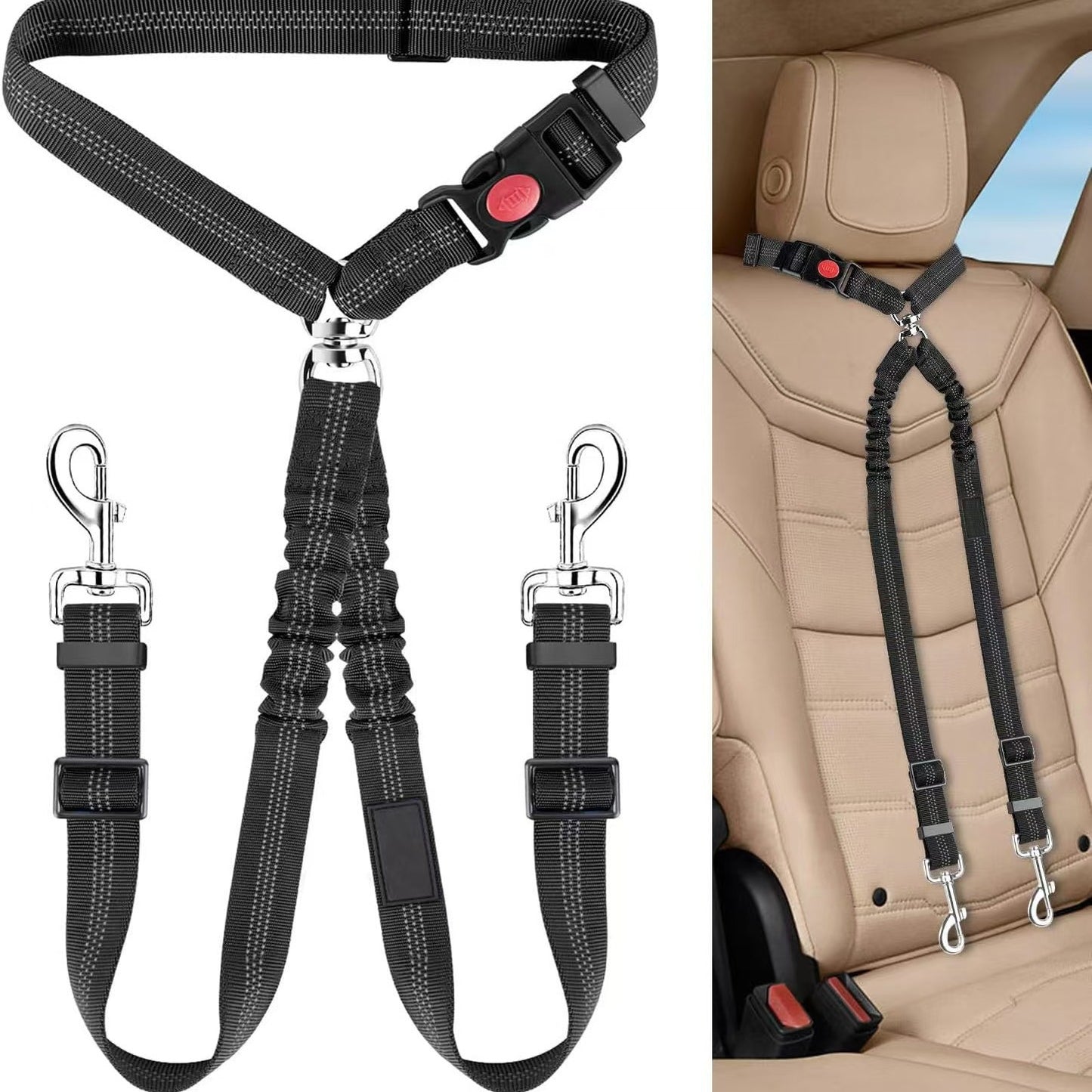 Dual Dog Car Seat Belt with Elastic Bungee - No Tangle 2-in-1 Pet Restraint Harness for 2 Dogs