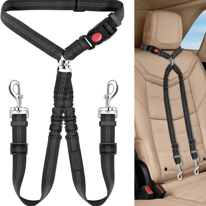 Dual Dog Car Seat Belt with Elastic Bungee - No Tangle 2-in-1 Pet Restraint Harness for 2 Dogs
