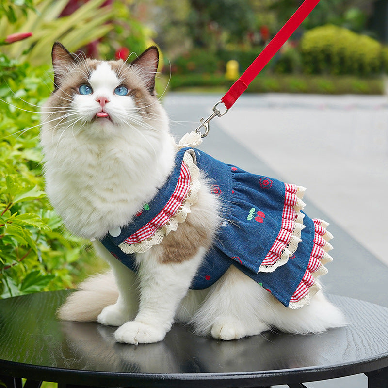 Cherry & Heart Denim Pet Harness Dresses with Leash