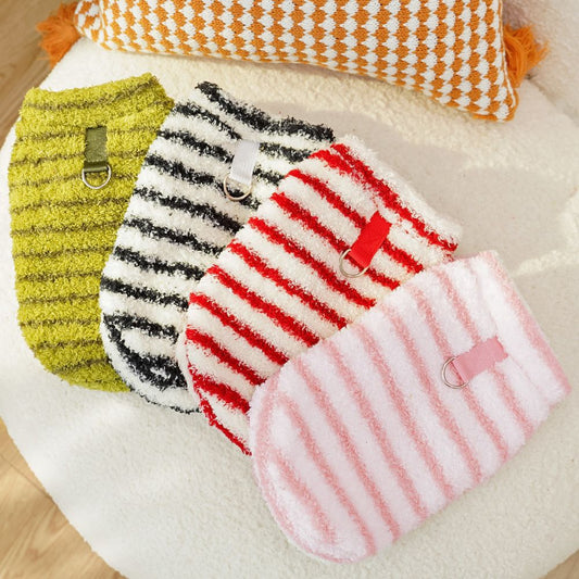 Striped Plush Dog Sweater with D-Ring