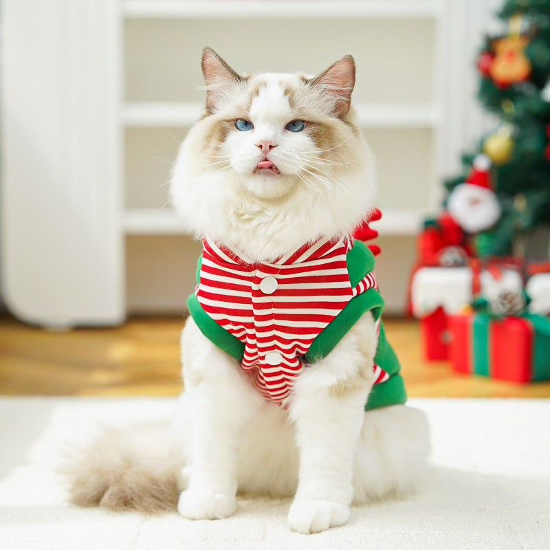 Festive Christmas Reindeer Puppy Pet Vest - Striped Fleece Dog Jacket with Leash D-Ring