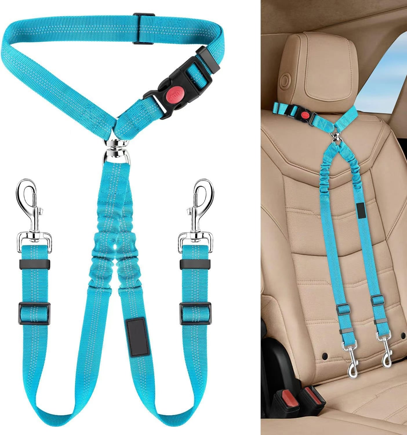 Dual Dog Car Seat Belt with Elastic Bungee - No Tangle 2-in-1 Pet Restraint Harness for 2 Dogs