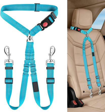 Dual Dog Car Seat Belt with Elastic Bungee - No Tangle 2-in-1 Pet Restraint Harness for 2 Dogs
