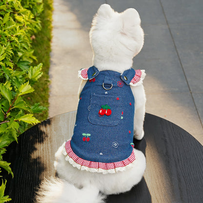 Cherry & Heart Denim Pet Harness Dresses with Leash