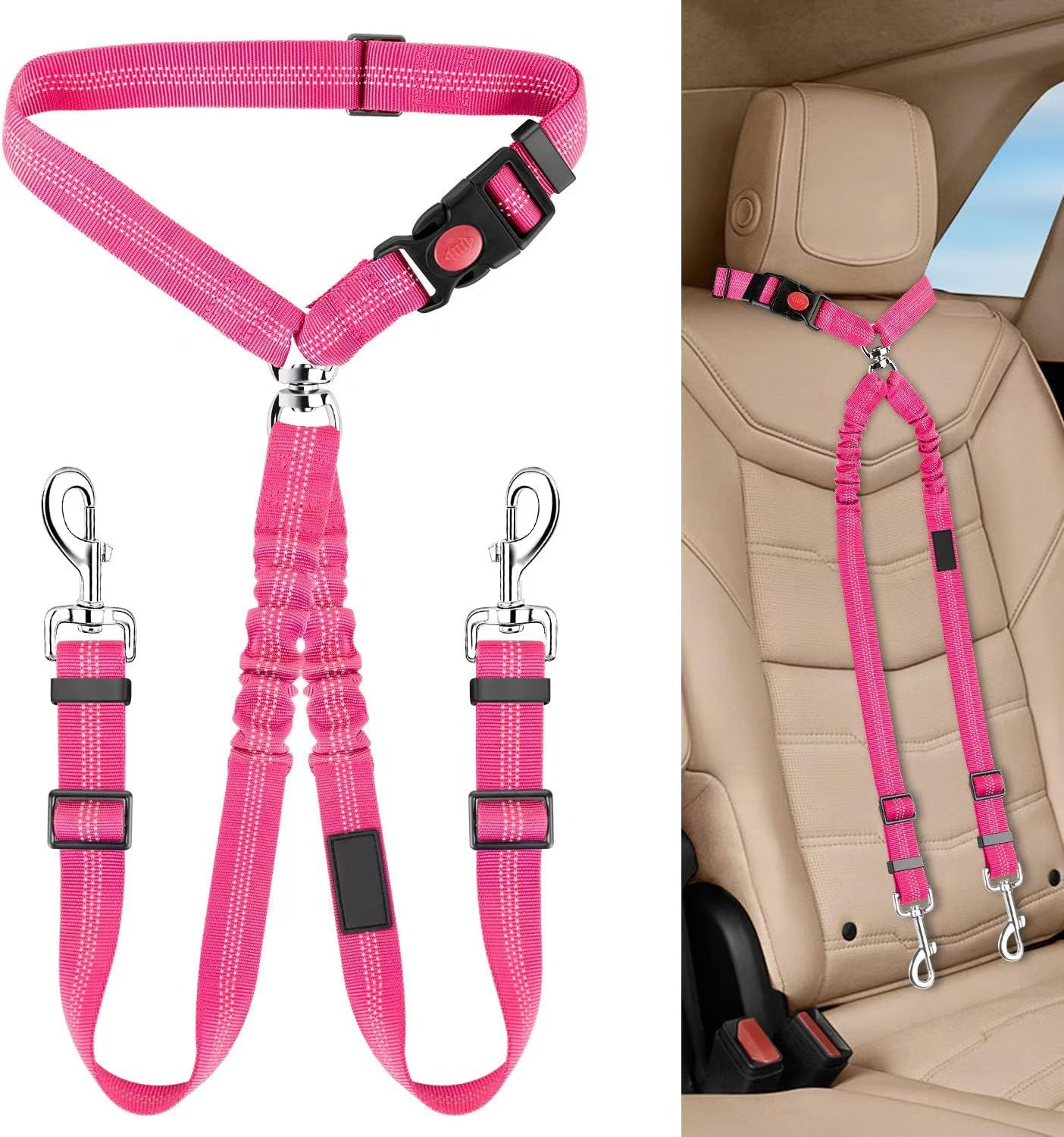 Dual Dog Car Seat Belt with Elastic Bungee - No Tangle 2-in-1 Pet Restraint Harness for 2 Dogs