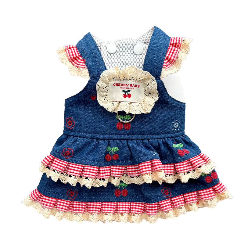 Cherry & Heart Denim Pet Harness Dresses with Leash
