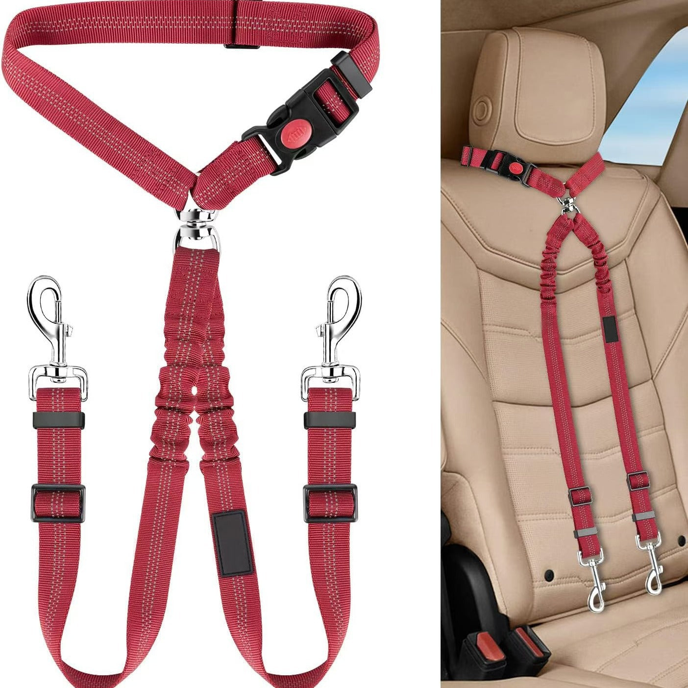 Dual Dog Car Seat Belt with Elastic Bungee - No Tangle 2-in-1 Pet Restraint Harness for 2 Dogs