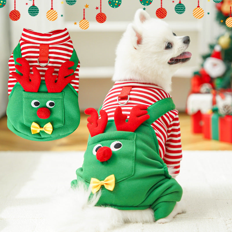 Festive Christmas Reindeer Puppy Pet Vest - Striped Fleece Dog Jacket with Leash D-Ring