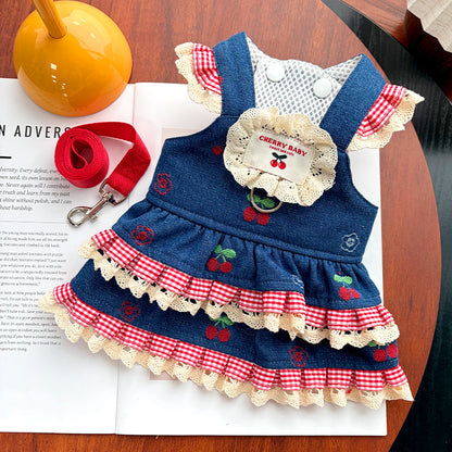 Cherry & Heart Denim Pet Harness Dresses with Leash