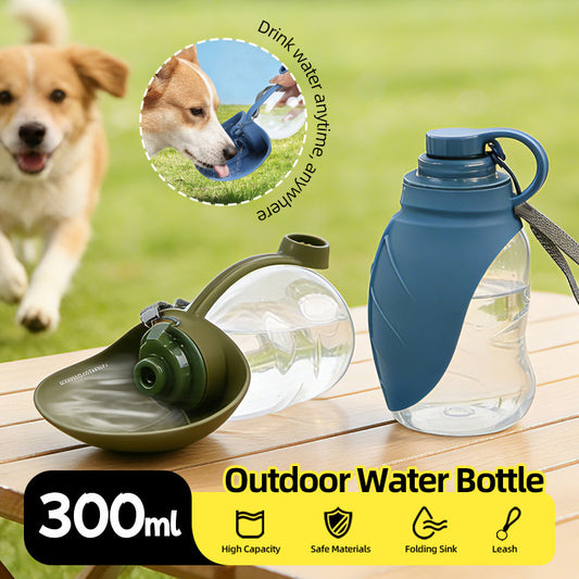Portable Pet Water Dispenser with Foldable Cup Bowl - 300ml Leakproof Travel Bottle for Dogs & Cats