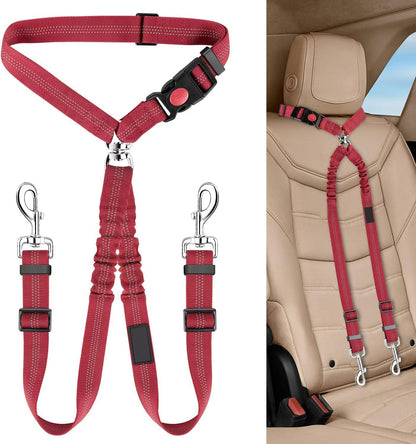 Dual Dog Car Seat Belt with Elastic Bungee - No Tangle 2-in-1 Pet Restraint Harness for 2 Dogs