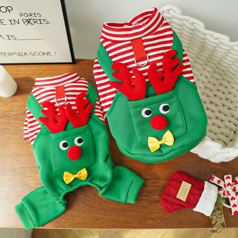 Festive Christmas Reindeer Puppy Pet Vest - Striped Fleece Dog Jacket with Leash D-Ring