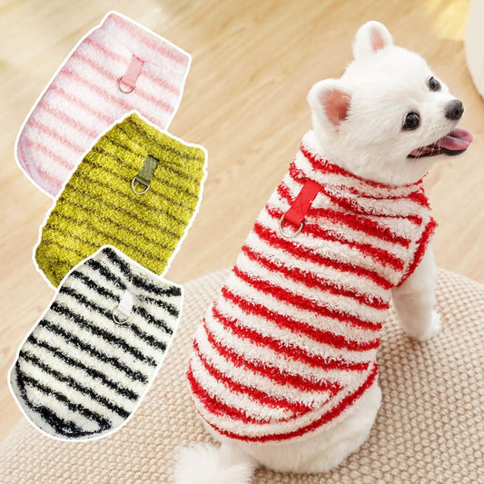 Striped Plush Dog Sweater with D-Ring