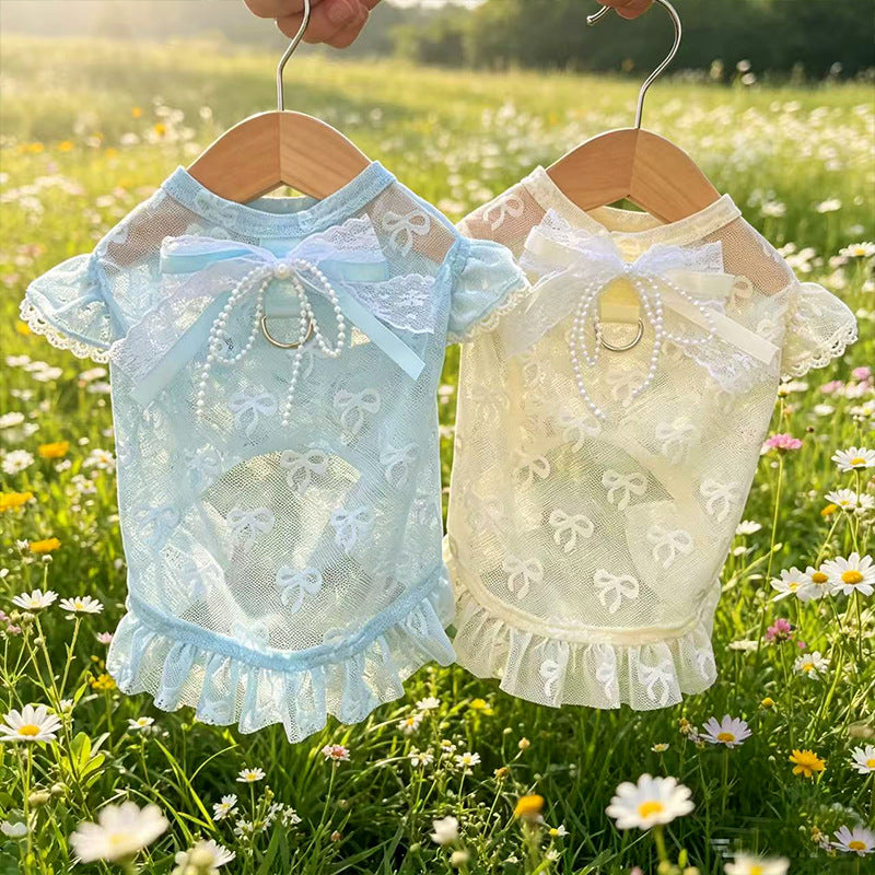 Pet Lace Mesh Dress with Bow & D-Ring